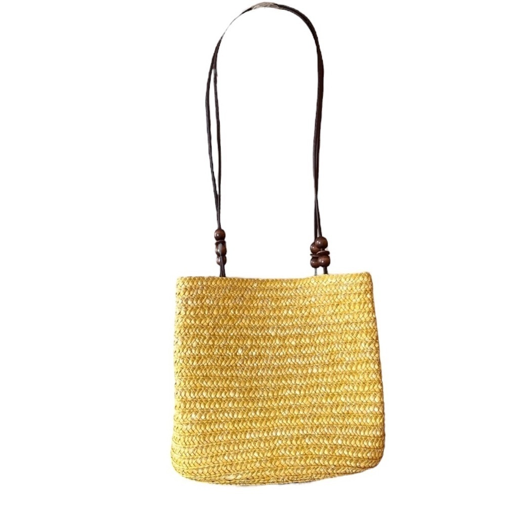 Vintage Yellow Wheat Straw Woven Purse Boho Beaded Resortwear